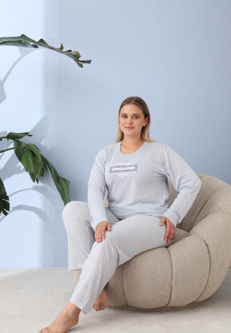 Pijama Dama ,Big Size ,'LEAVE A LITTLE" cu Pantloni si Maneca lunga, Culoare Bleu,Engros